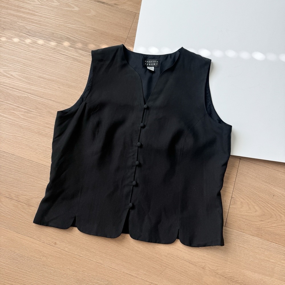 Vintage 90s Silk Vest Black Button Up Large Jermey Spenser Minimal Tailored Chic